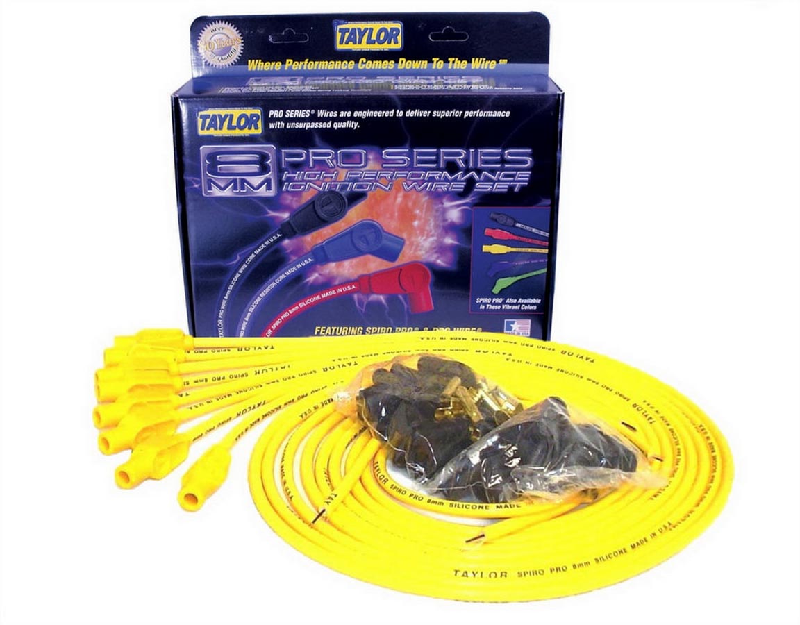 TAY73455 8 mm Spiro-Pro Universal Spark Plug Wire Set - Yellow - 180 deg Plug Boots - 8 Cylinder Applications