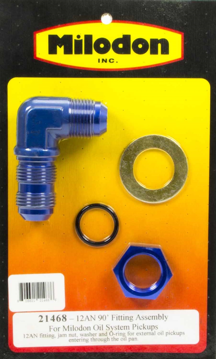 21468 12 AN 90 deg Oil Pick-Up Fitting for Chrysler, Blue Anodize