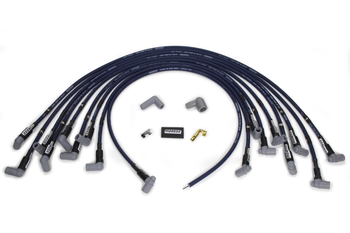8.65 mm HEI Socket Style Ultra 40 Race Spiral Core Spark Plug Wire Set with 90 deg Plug Boots for Big Block Chevy, Blue