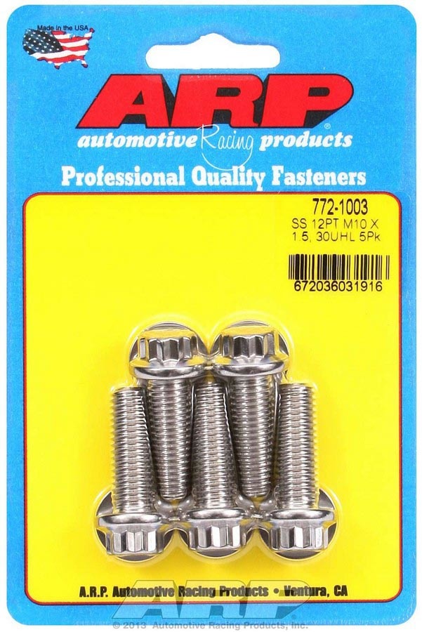 772-1003 10 x 1.50 x 30 mm 12-Point Thread Hex Head Stainless Steel Bolt, Polished - Set of 5