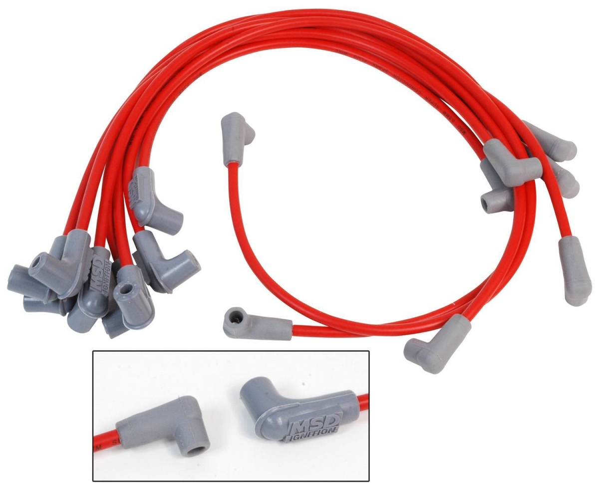 MSD Ignition MSD31489 8.5 mm Spiral Core Super Conductor Spark Plug Wire Set with 90 deg Plug Boots & HEI Style Terminal for Big Block Chevy - Red