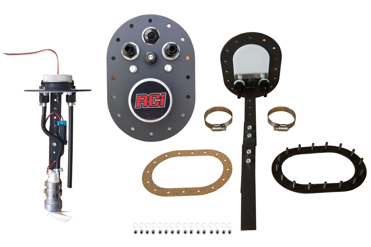 16 Bolt 8AN Fitting Universal Fuel Pump In-Tank Mount, Black Anodize