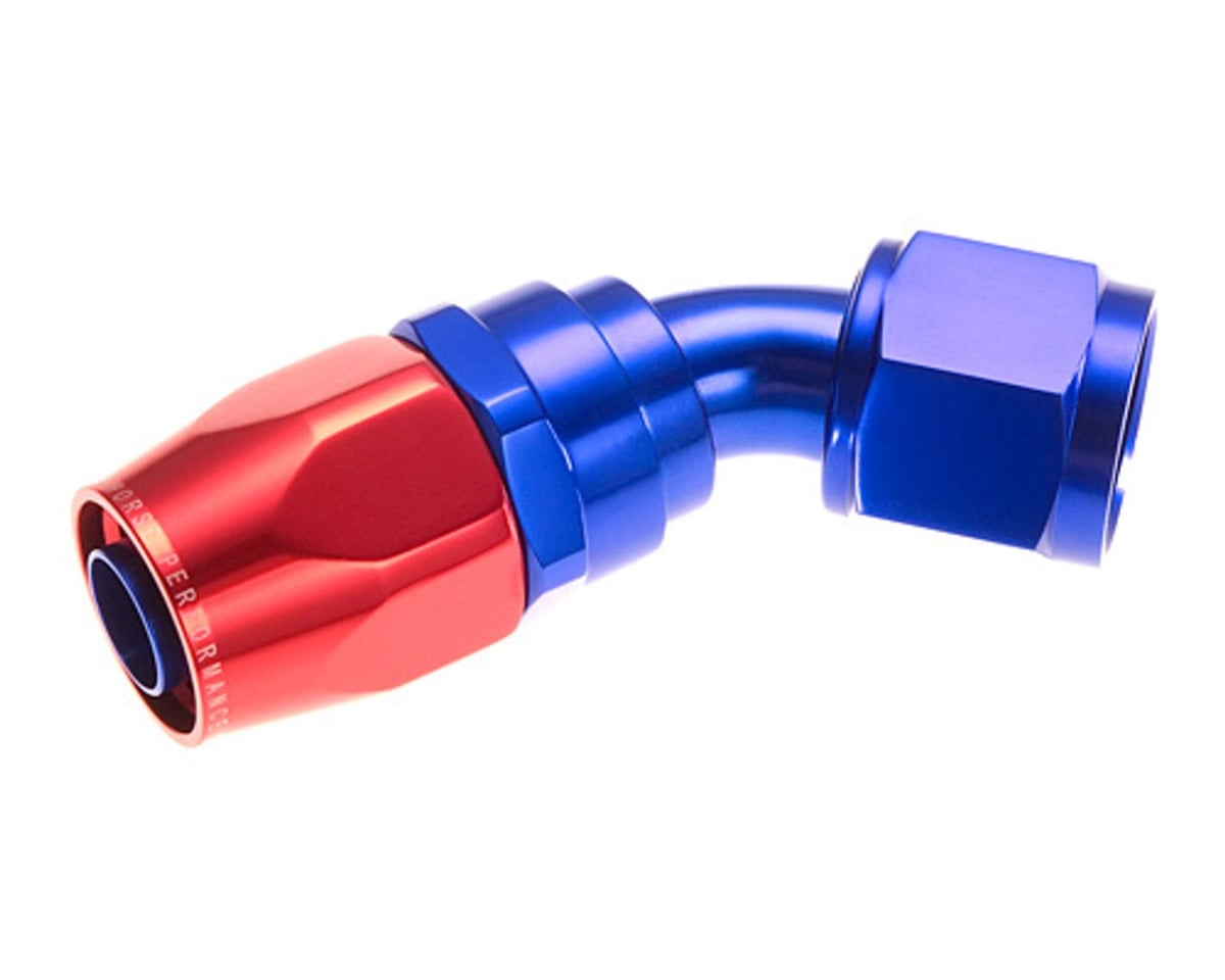 RHP1045-20-1 20 AN 45 Deg Double Swivel Hose End, Red & Blue