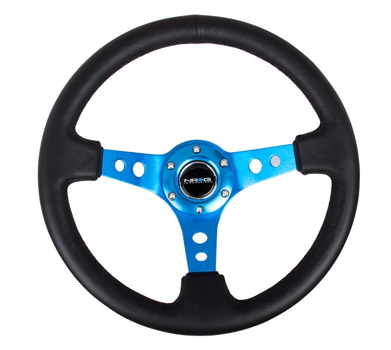 NRGRST-006BL 350 mm Dia. Lightweight Steering Wheel with 75 mm Dish & 3-Spoke Black Leather Grip - Blue Anodized