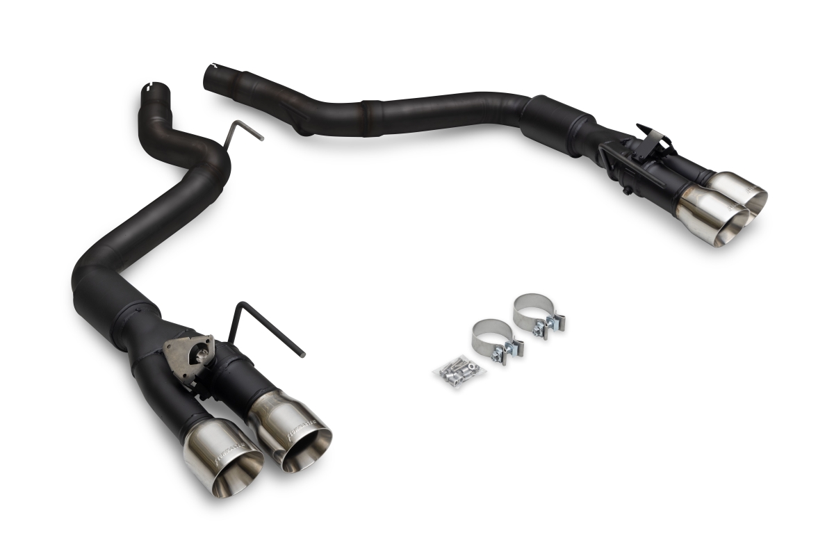 FLO818164 3 in. Dia. Dual Rear Exit Four 4 in. Black Tips Stainless Natural Outlaw Axle-Back Exhaust System for 2024-2025 Ford Coyote & Ford Mustang