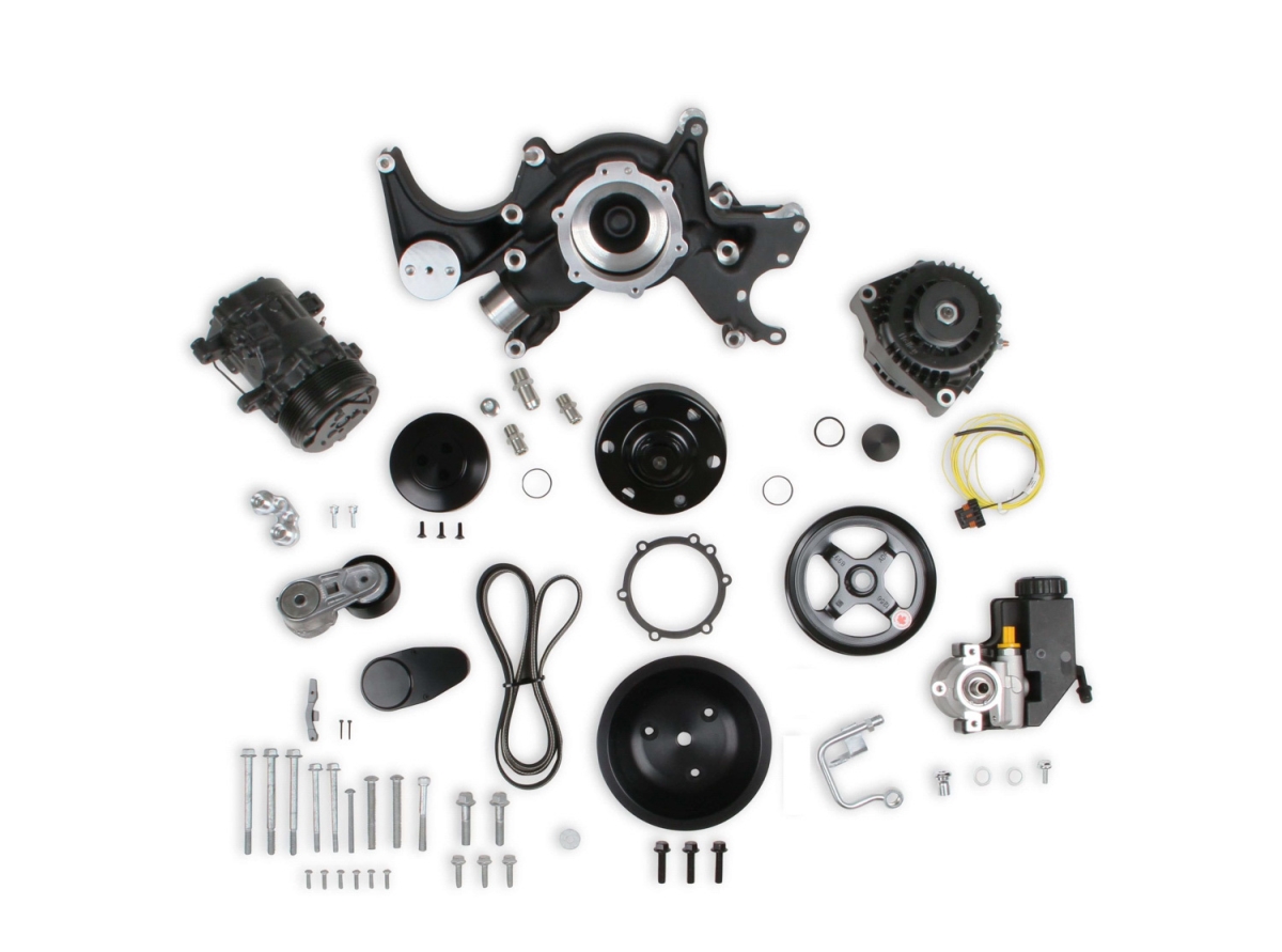 HLY20-242BK Accessory Drive System for Small & Big Block Chevy Engines & Mid-Mount, Black Anodized