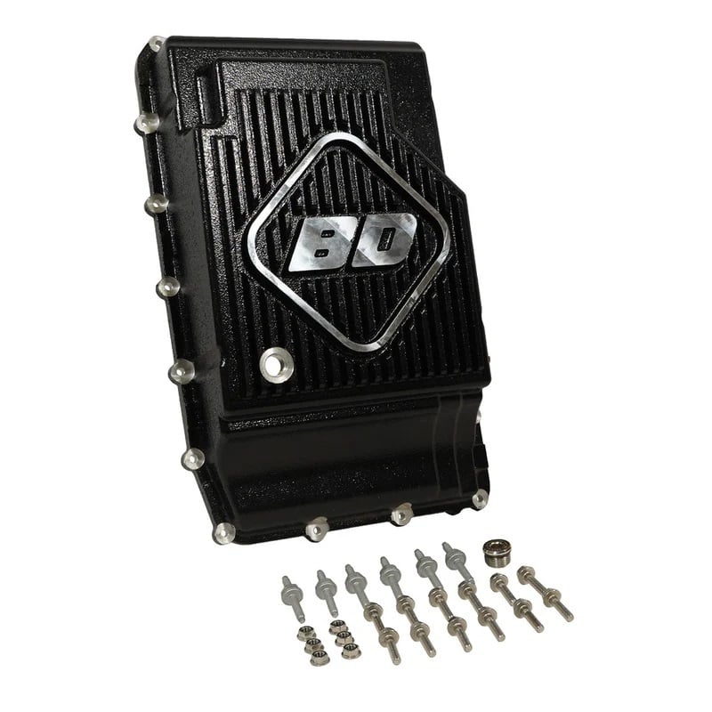 BD Diesel BDD1061718 2.1 qt. Capacity Deep Sump Finned Adds Transmission Pan Cast Aluminum Black Powder Coated Transmission Pan for Ford 10R60 & 10R80