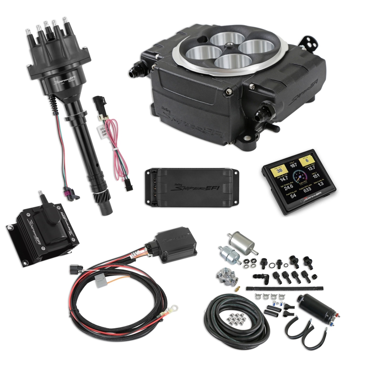 HLY550-511-3PK-SBC Sniper-2 EFI Master Ignition Fuel Injection Kit for Small Block Chevy - Black Powder Coat