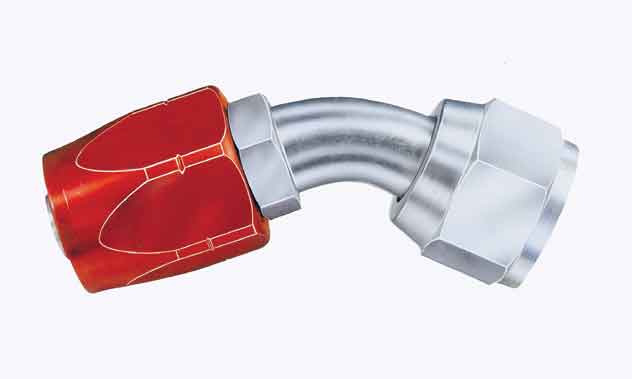 FBM1021 4 AN 45 deg Bulk Hose End, Red & Blue Anodized