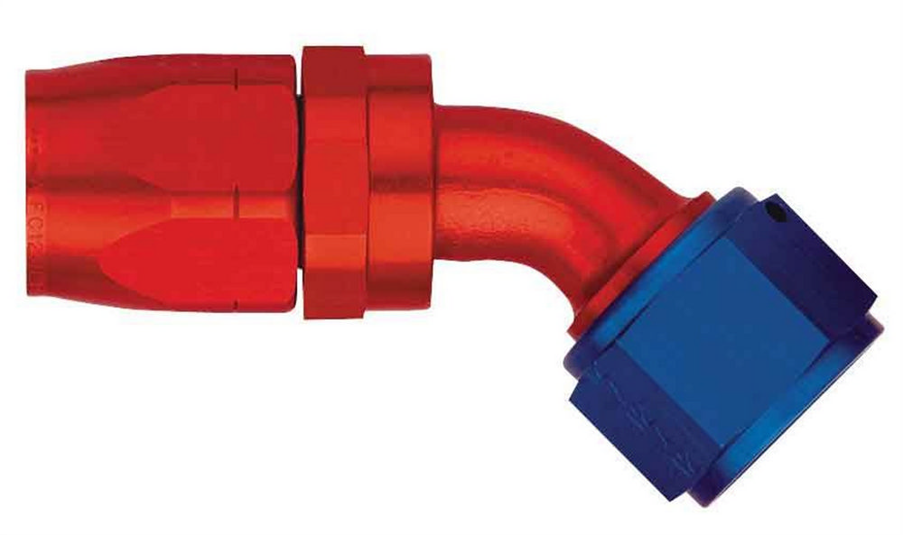 FBM4022 6 AN 45 deg Hose End, Red & Blue Anodized