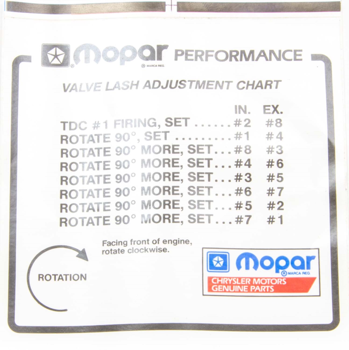 P4452989 Valve Lash Adjustment Chart Information Sticker