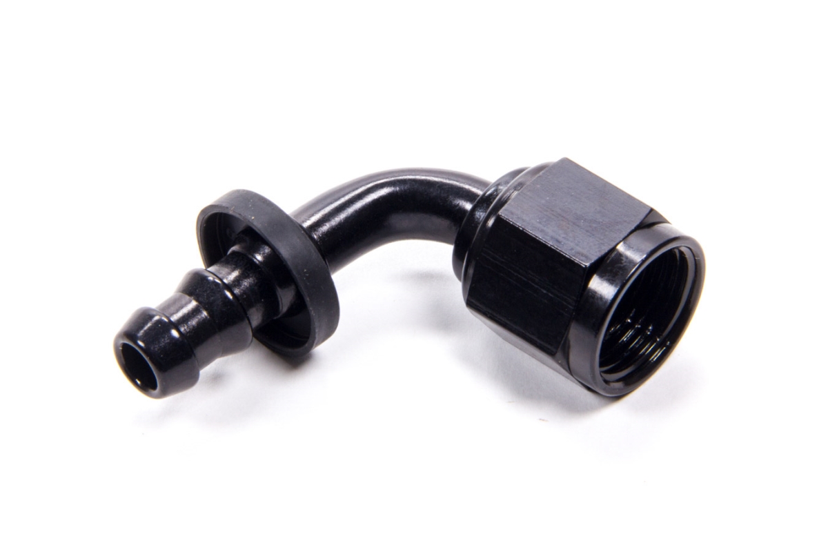 209108-BL 90 deg -8 AN Female to -6 AN Push-Lock Hose End Reducer, Black