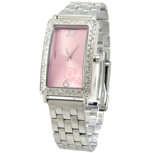 Picture of Matsuda 320-02PK Rectangular Crystal Watch - Pink & Silver