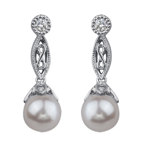 Picture of Cheri Jadore E2241-14W-095 6 mm Pearl & Diamond Drop Earrings in 14K&#44; White Gold - 0.095 CT. T.W.