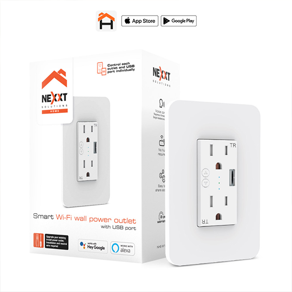 NHE-W100 Smart Home Wi-Fi Wall Power Outlet with 1 USB-A Port, White