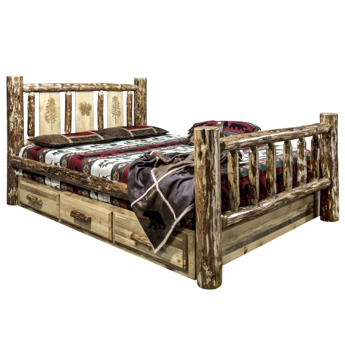 MWGCSBTLZPINE Glacier Country Storage Bed withLaser Engraved Pine Design - Twin Size -  Montana Woodworks