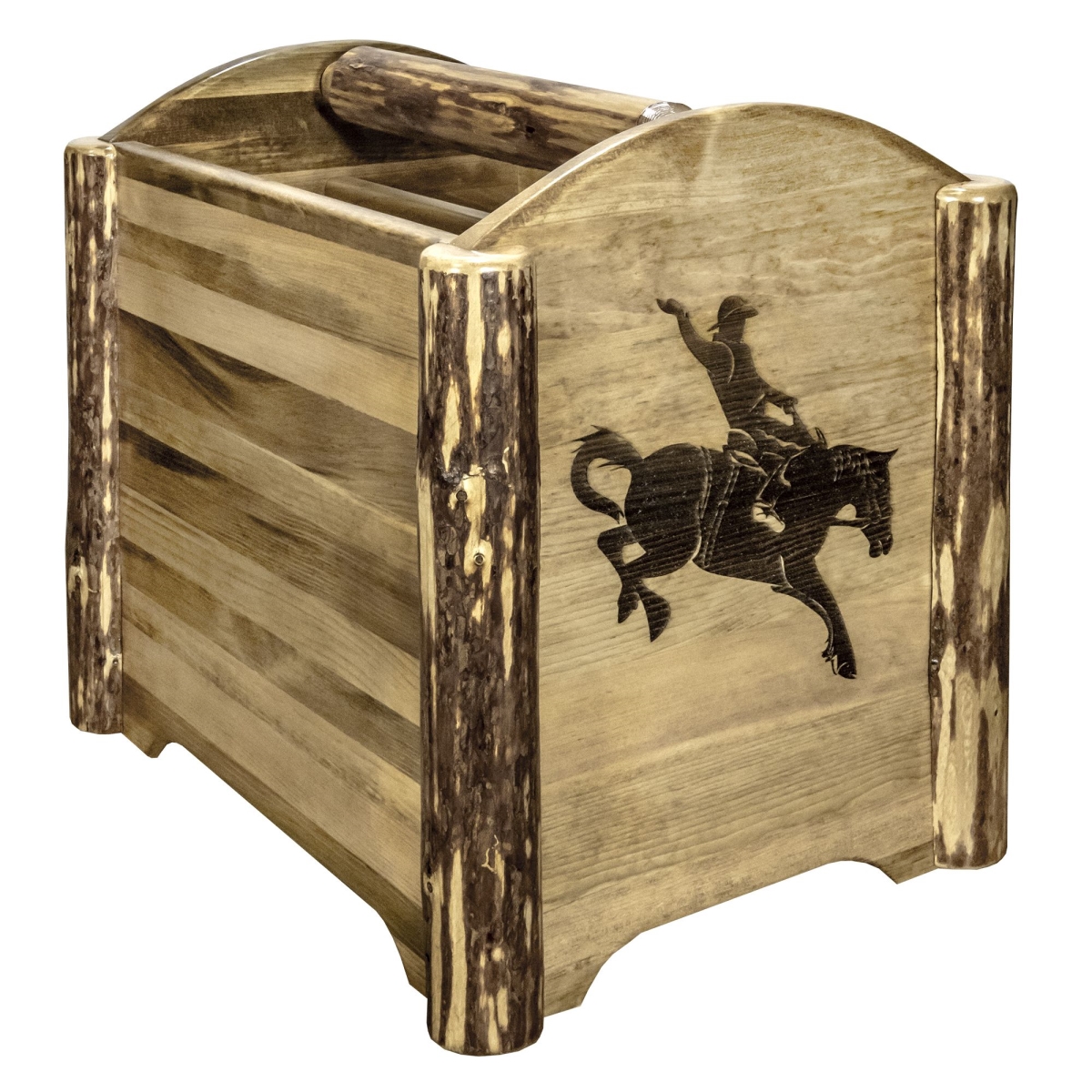 Picture of Montana Woodworks MWGCMAGLZBRONC Glacier Country Collection Magazine Rack with Laser Engraved Bronc Design