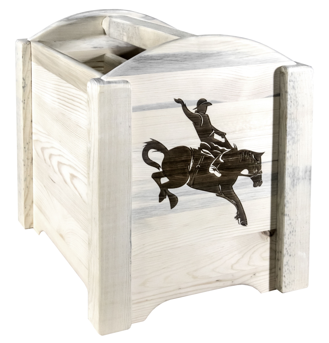 Picture of Montana Woodworks MWHCMAGLZBRONC Homestead Collection Magazine Rack with Laser Engraved Bronc Design