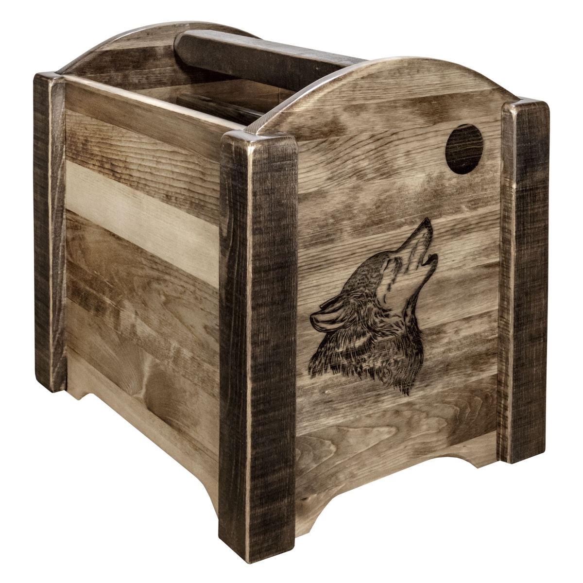 Picture of Montana Woodworks MWHCMAGSLLZWOLF Homestead Collection Magazine Rack with Laser Engraved Wolf Design&#44; Stain & Clear Lacquer Finish