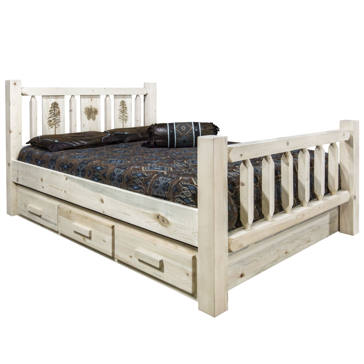 Homestead Collection Twin Size Storage Bed with Laser Engraved Pine Design, Clear Lacquer Finish -  D2D Technologies, D23072516
