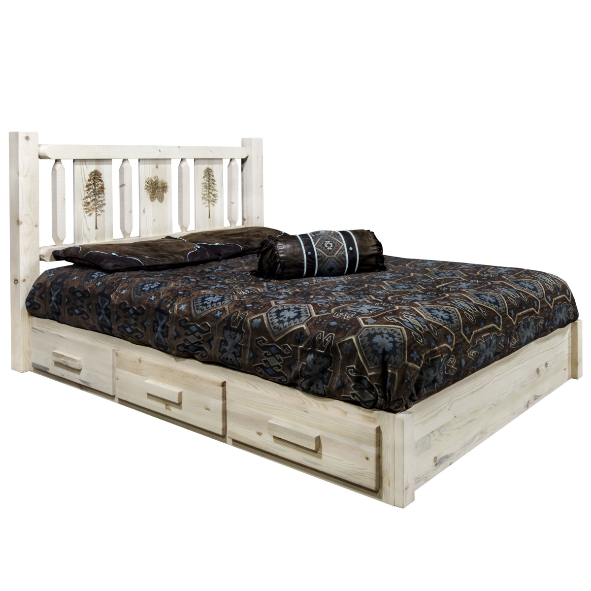 Homestead Collection Platform Bed with Storage, Twin Size with Laser Engraved Pine Design, Ready to Finish -  D2D Technologies, D23082617
