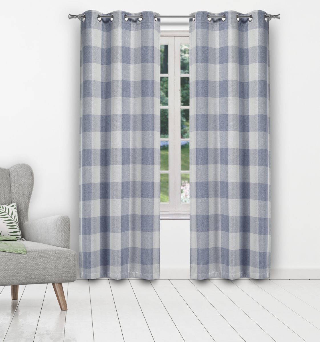AARO 16157D-12 Buffalo Plaid Gingham Checkered Grommet Window Curtains for Living Room & Bedroom Panels - 37 x 108 in. - Blue - Set of 2