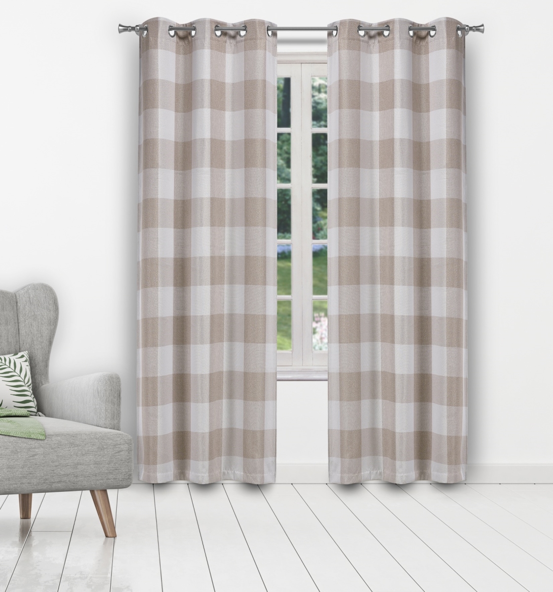 AARO 16156D-12 Buffalo Plaid Gingham Checkered Grommet Window Curtains for Living Room & Bedroom Panels - 37 x 108 in. - Beige - Set of 2