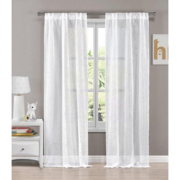 MOLLY 12552D-12 Metallic Textured Pole Top Curtains - Window Curtain for Living Room & Bedroom - Panels - 38 x 84 in. - White & Silver - Set of 2
