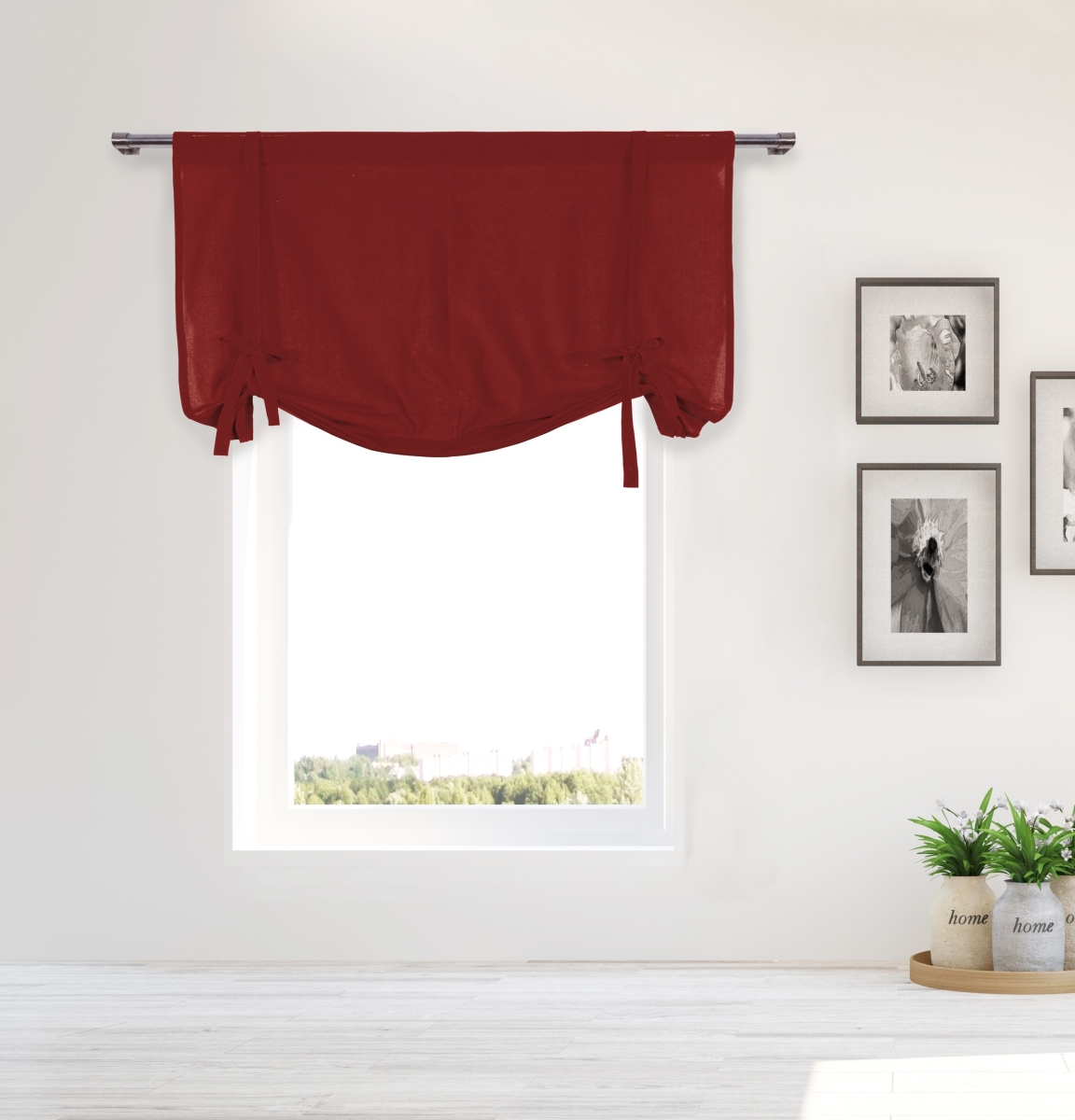 KIMI 15147D-12 Solid Room Darkening Thermal Tie Up Curtains - Window Curtain for Living Room & Bedroom - Single Panel - 42 x 63 in. - Cranberry Red