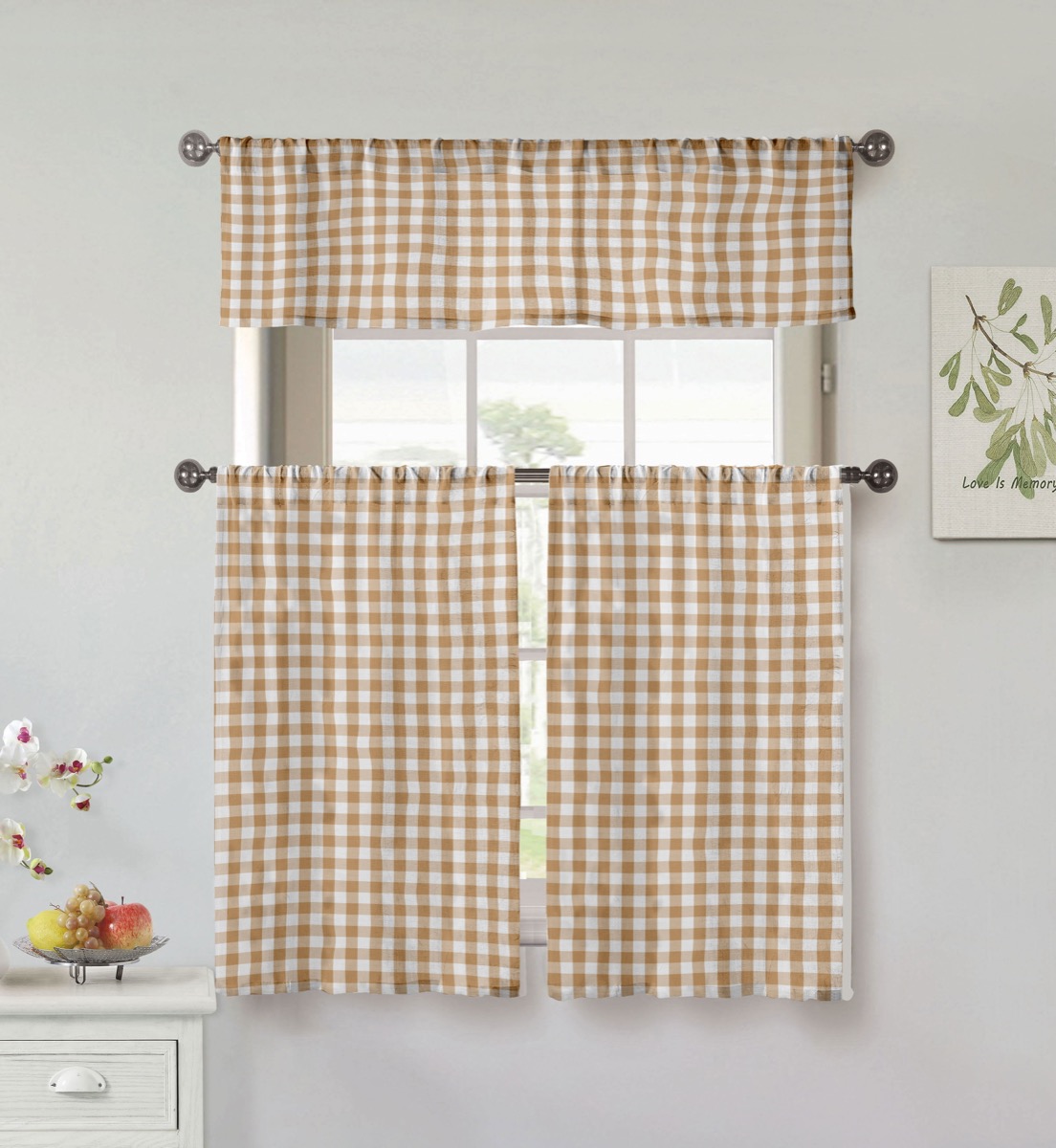 UMID 14086D-12 Buffalo Plaid Gingham Checkered Kitchen Curtain Tier & Valance Set - Window Curtain for Living Room & Bedroom - Mocha