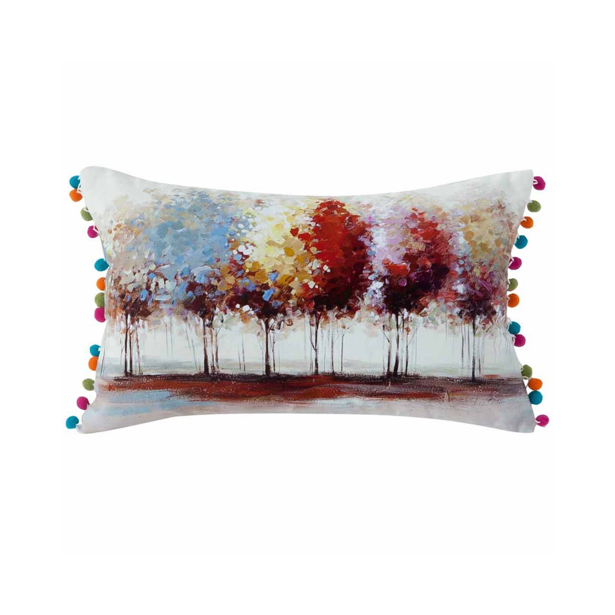 WIDMW-48 -11992 100 Percent Cotton Floral Tree Pom Pom Trim Decorative Throw Pillow Cushion Cover Case - 12 x 20 in. - Multi Color