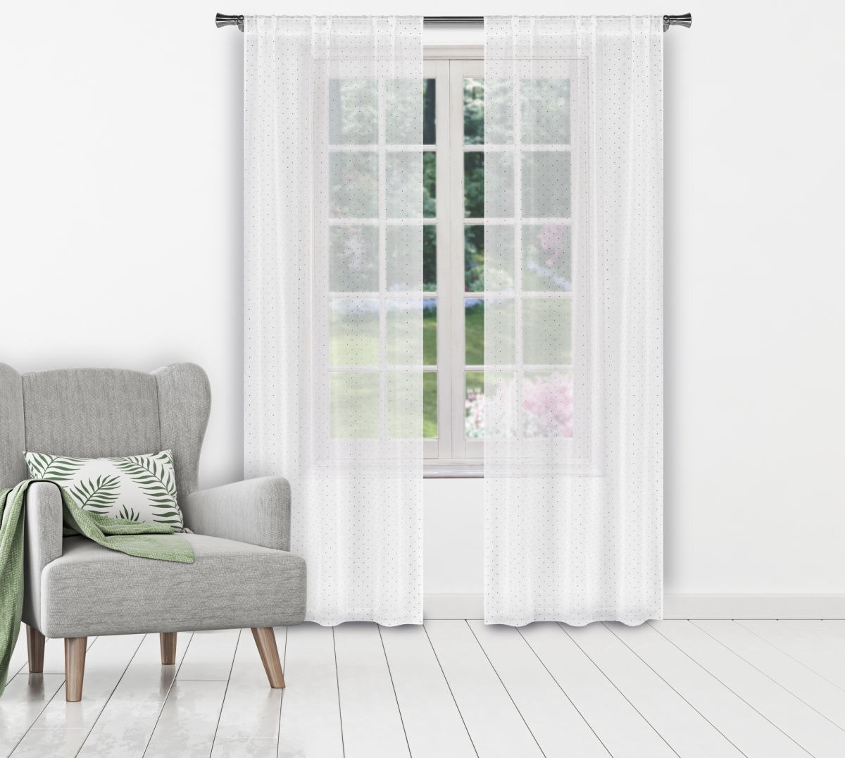 EDIT 14354D-12 Metallic Silver Dotted Pole Top Window Curtains for Living Room & Bedroom Panels - 38 x 84 in. - White - Set of 2