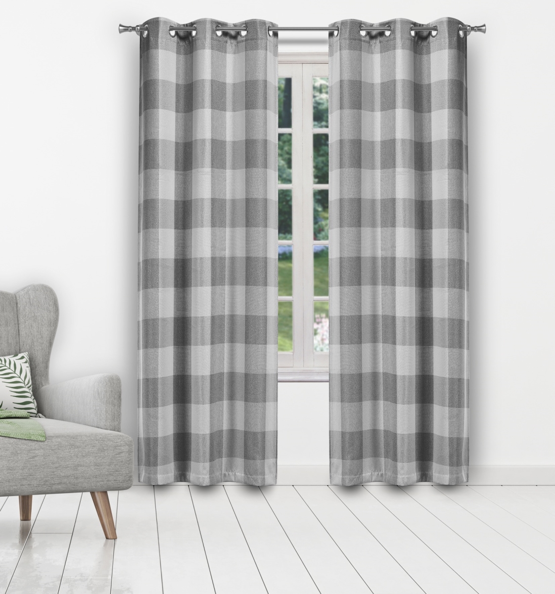 AARO 16144D-12 Buffalo Plaid Gingham Checkered Grommet Window Curtains for Living Room & Bedroom Panels - 37 x 84 in. - Gray - Set of 2