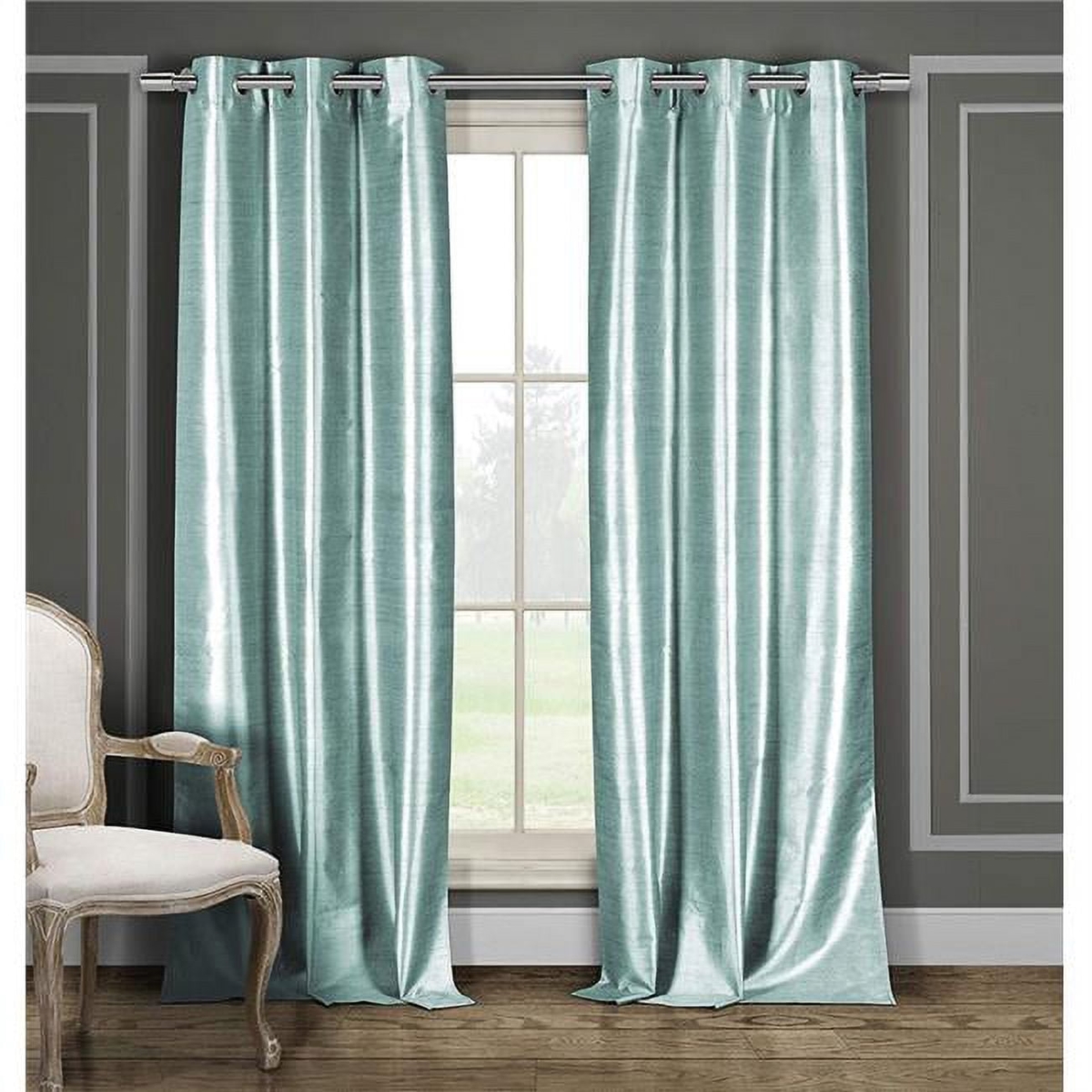 BALI 10686D-12 Solid Faux Silk Grommet Curtains - Window Curtain for Living Room & Bedroom - Panels - 38 x 84 in. - Aqua Blue - Set of 2