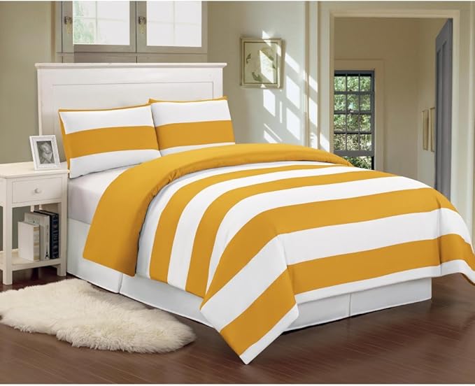 DED1M-6 -3978 Horizontal Stripe Duvet Bedding Set - Full & Queen Size - Mustard Yellow - 3 Piece