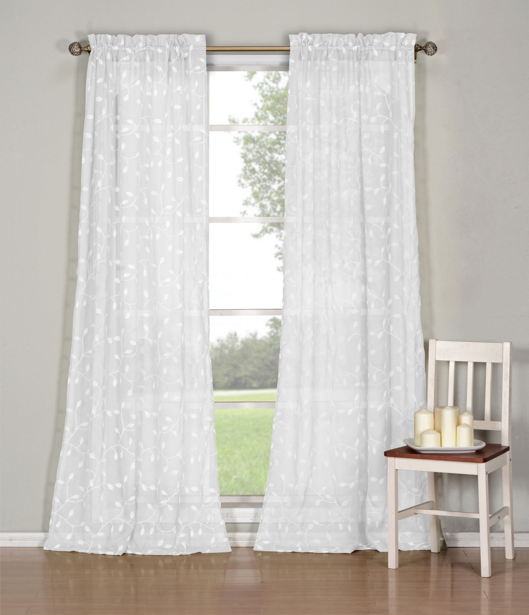 KLRWH-12 -2111 Embroidered Floral Leaf Window Curtain for Living Room & Bedroom - 2 Panels - 40 x 84 in. - White
