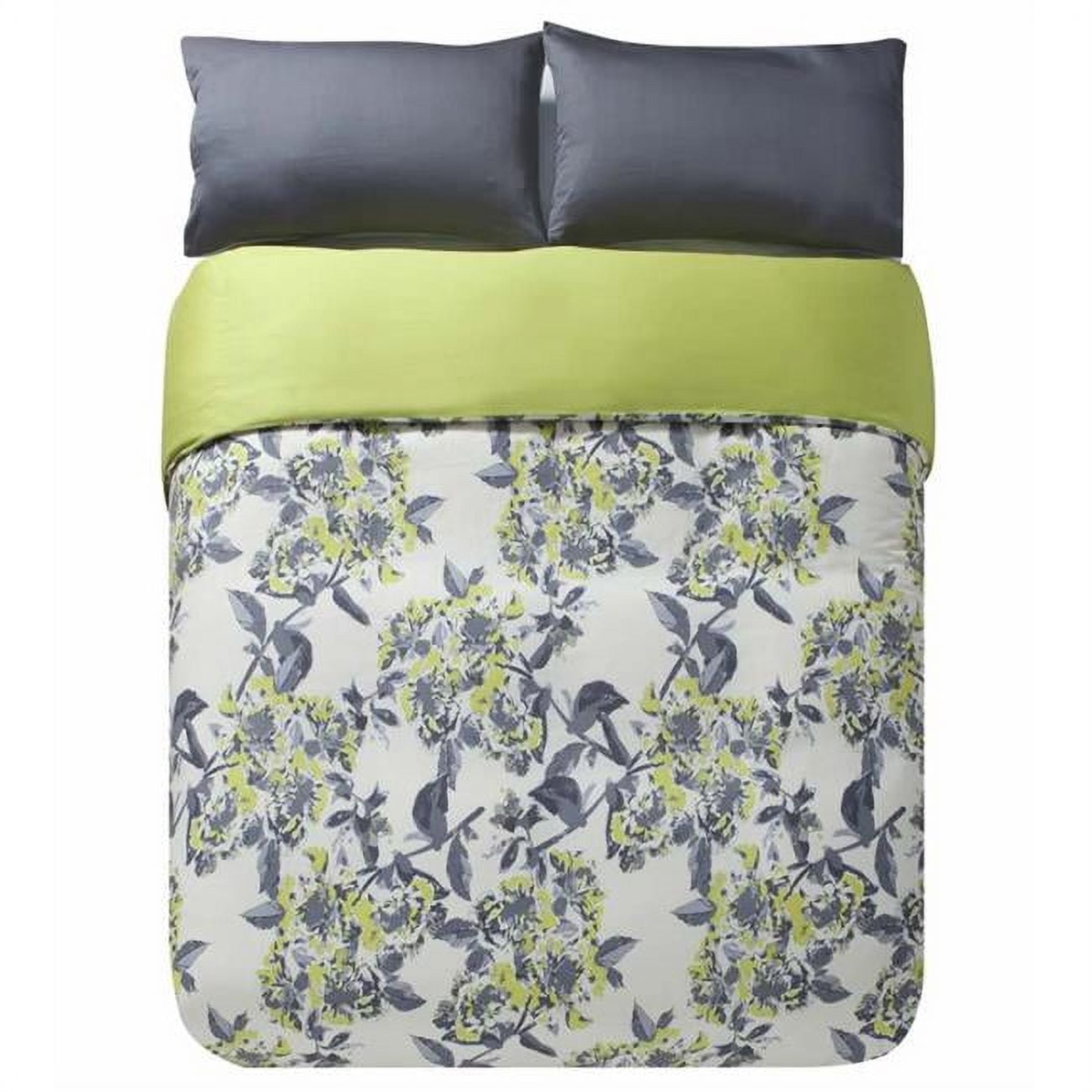 ETTA 5500 Floral Leaf Duvet Bedding Set - Full & Queen Size - Gray & Citrus Green - 3 Piece
