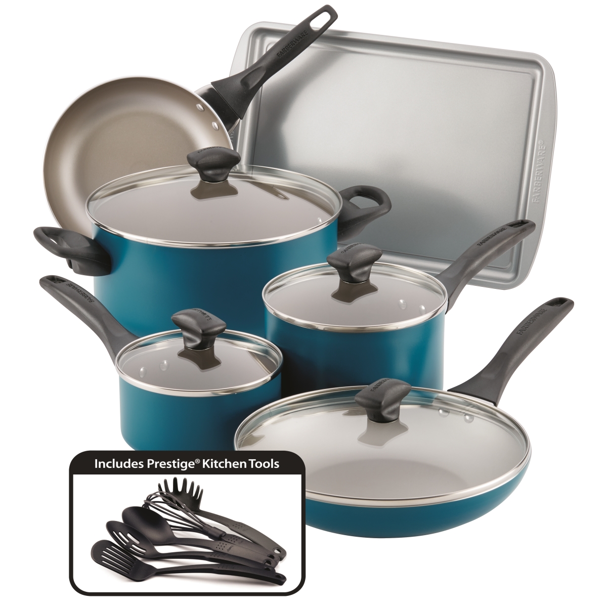 Picture of Farberware 20361 Dishwasher Safe Nonstick Cookware Set, Teal - 15 Piece