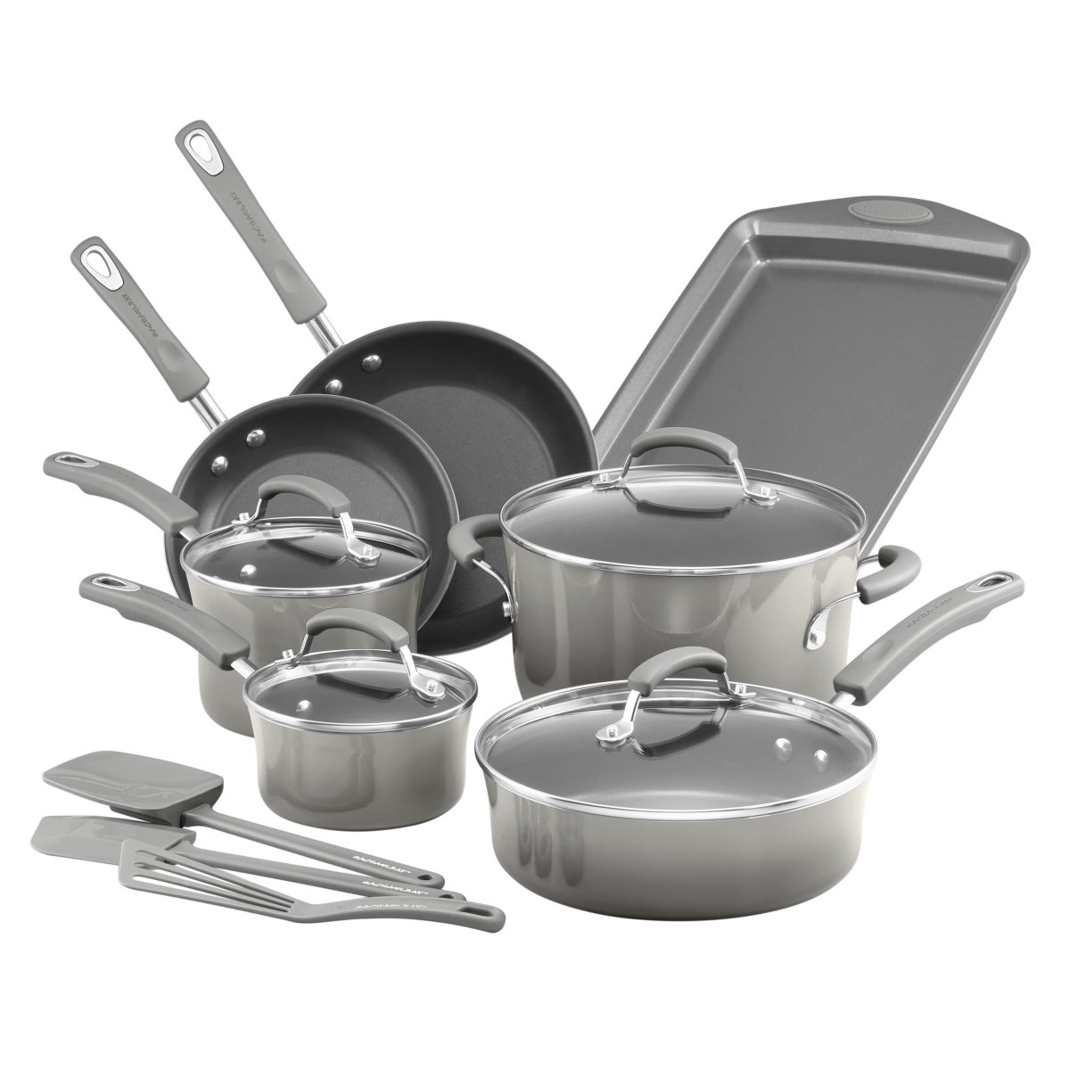 Picture of Rachael Ray 19019 Classic Brights Porcelain Nonstick 14 Piece Cookware Set with Bakeware & Tools&#44; Sea Salt Gray