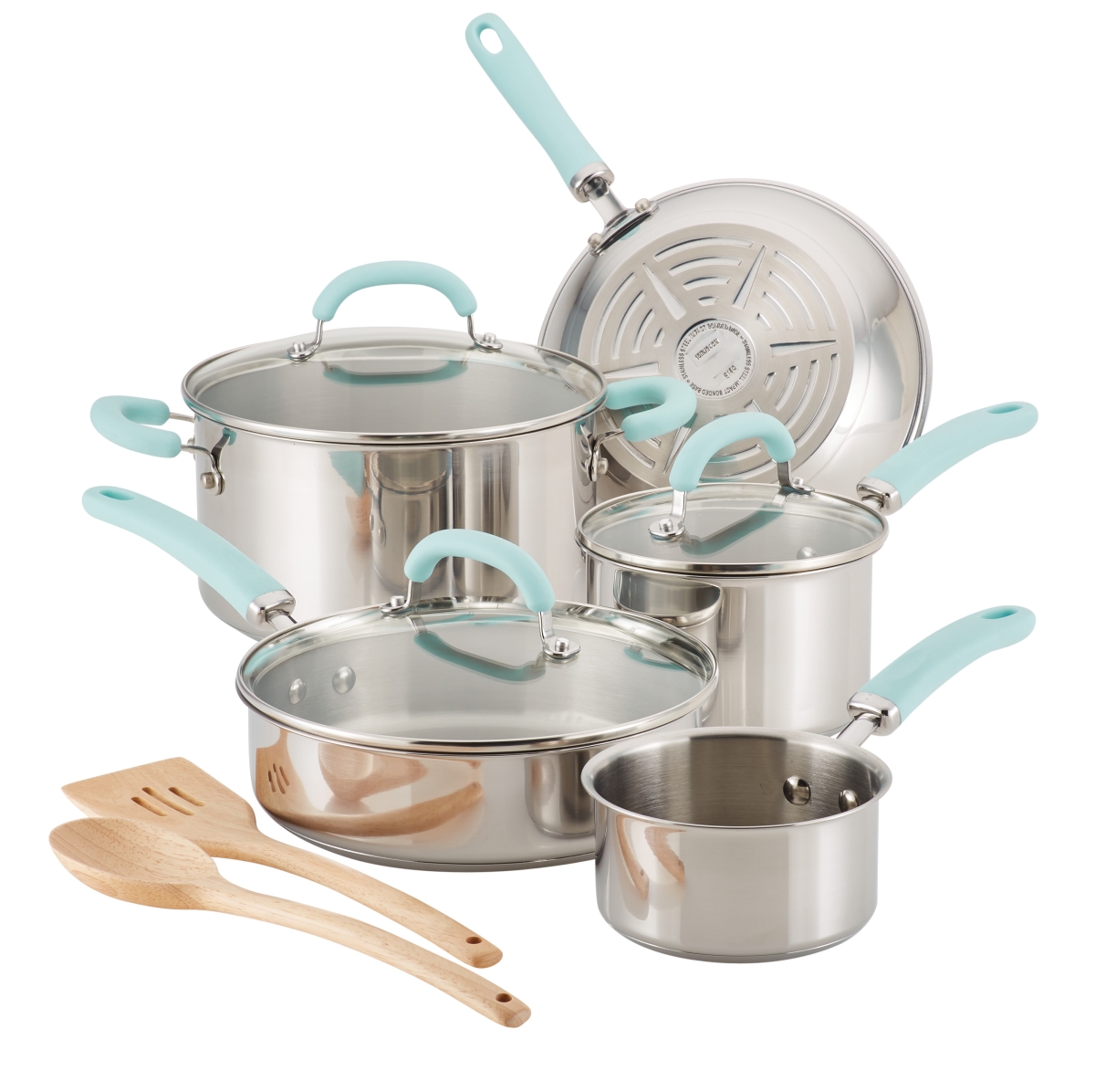 Picture of Rachael Ray 70412 Create Delicious Stainless Steel Cookware Set, 10 Piece - Light Blue Handles