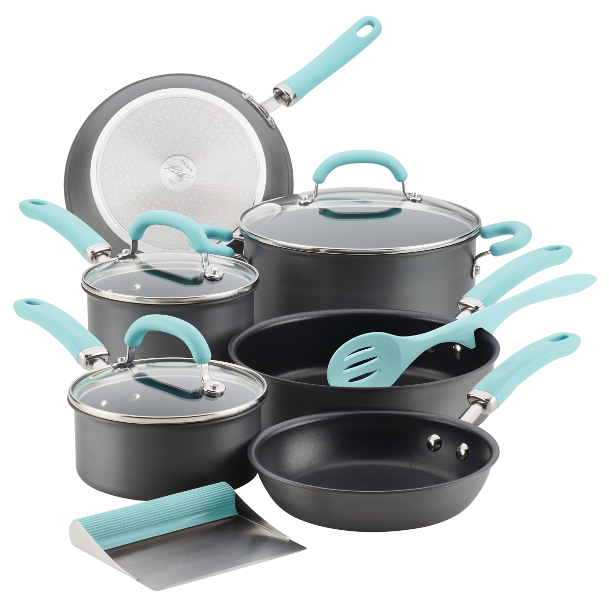 Picture of Rachael Ray 81125 Create Delicious Hard-Anodized Aluminum Nonstick Cookware Set, 11 Piece - Light Blue Handles