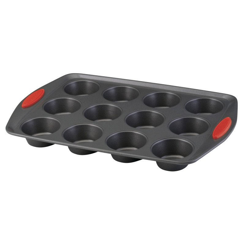 Picture of Rachael Ray 47956 Yum-o Nonstick Bakeware 12-Cup Oven Lovin Muffin & Cupcake Pan&#44; Gray with Red Handles