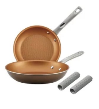 Picture of Ayesha Curry 09059 Home Collection Porcelain Enamel Nonstick Skillet Twin Pack with Silicone Handle Sleeves, Brown Sugar