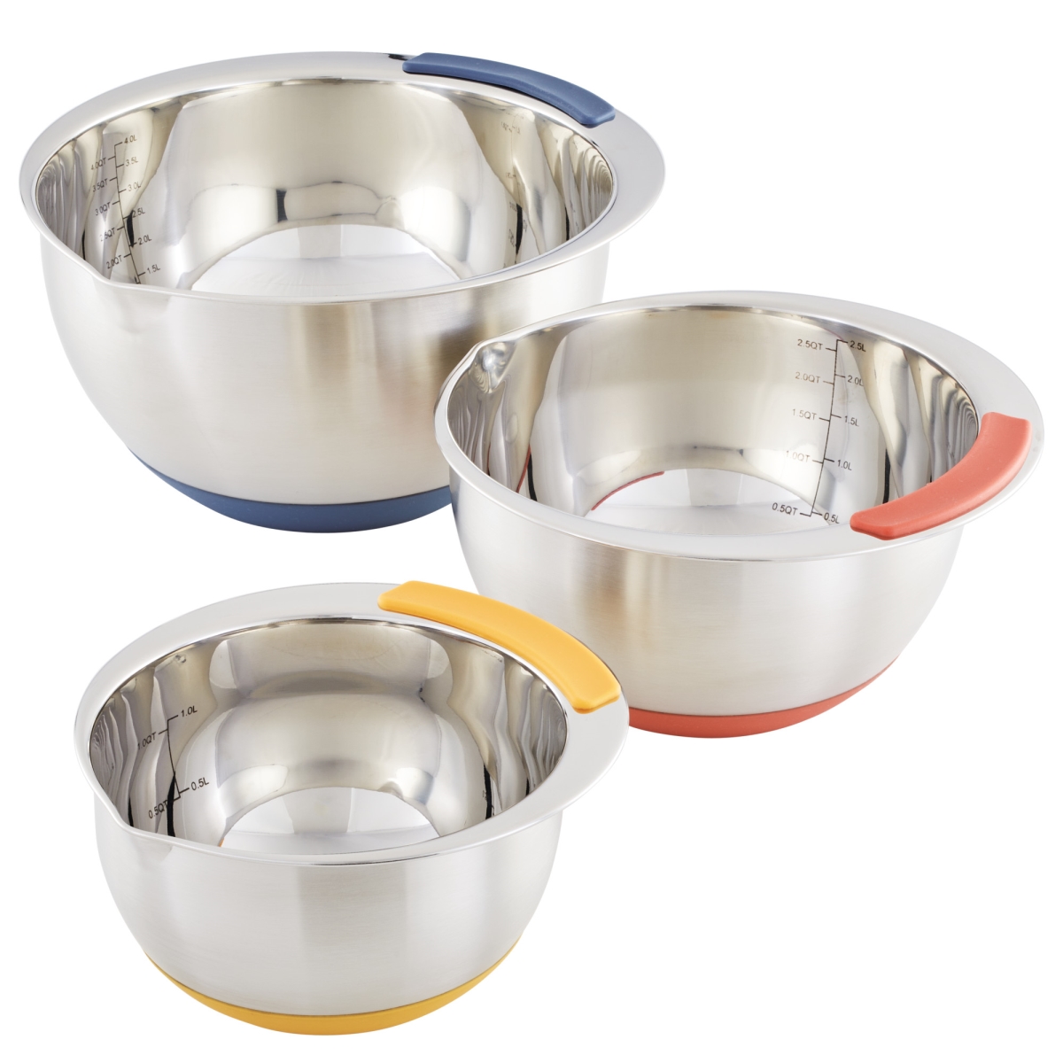 Picture of Ayesha Curry 48430 Pantryware Stainless Steel Nesting Mixing Bowls Set with Color Accent Handles, Silver - 3 Piece