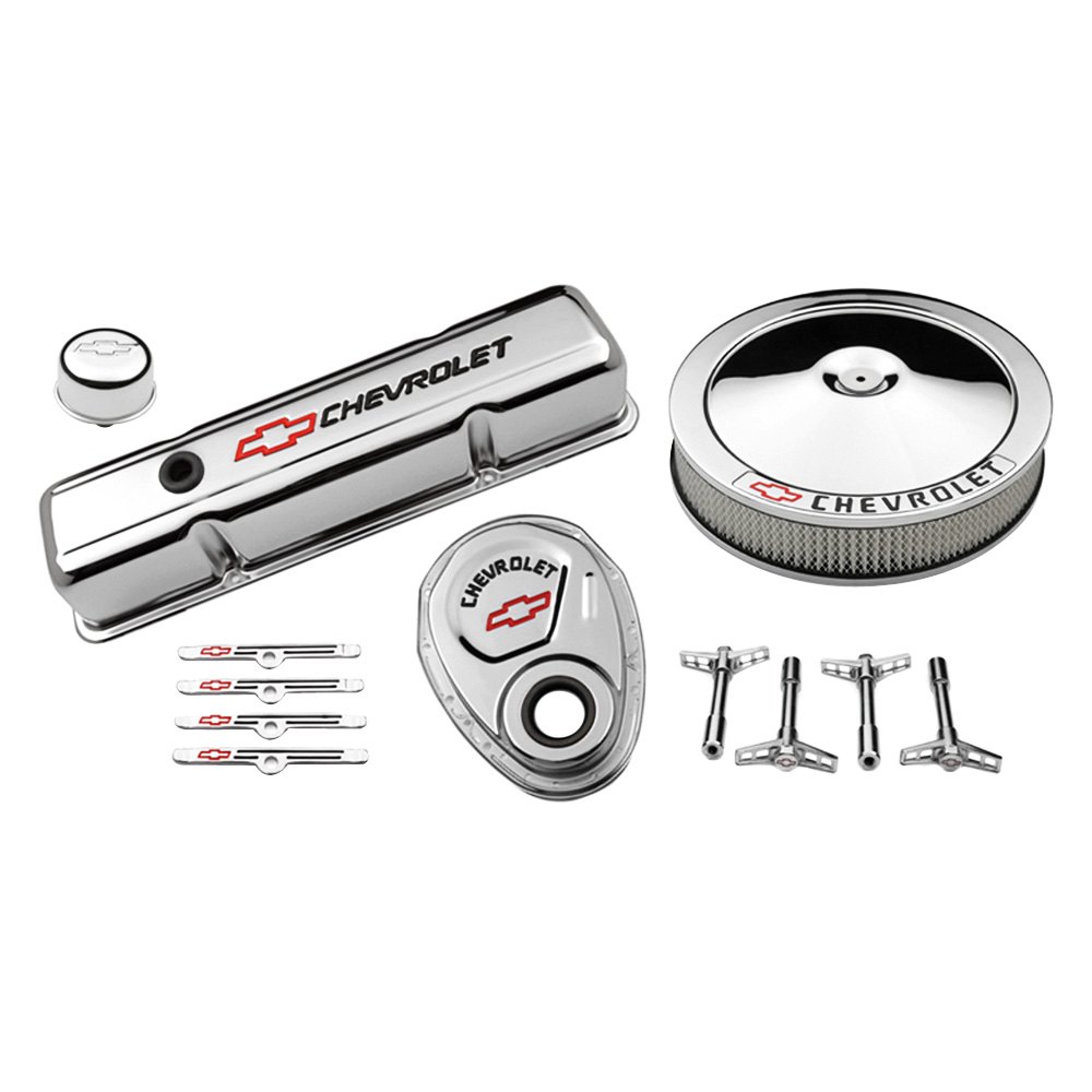 Small Block Chevy Logo Chrome Engine Dress Up Kit, Red Bowtie & Black