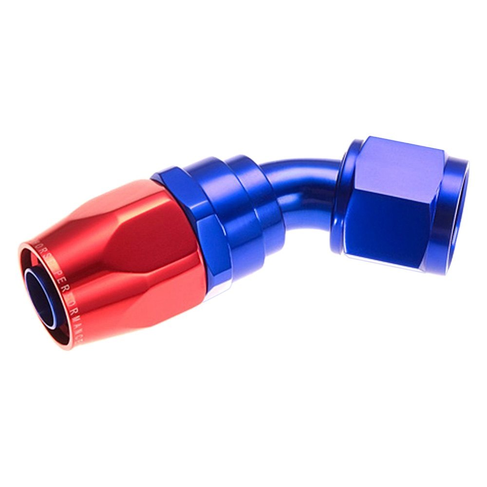 12AN 45 deg Female Aluminum Hose End, Red & Blue