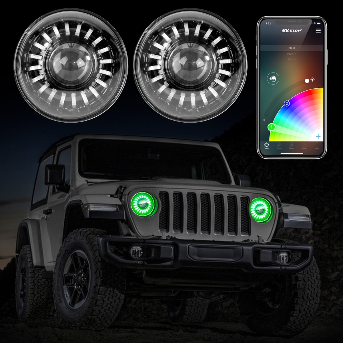 7 in. Round Black Projector RGB LED Headlights, 2 Piece