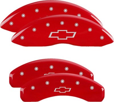 MGP14252SBOWRD Bowtie Engraving in Front & Rear Caliper Cover for 2019 Chevrolet Silverado 1500, Red Powder Coat