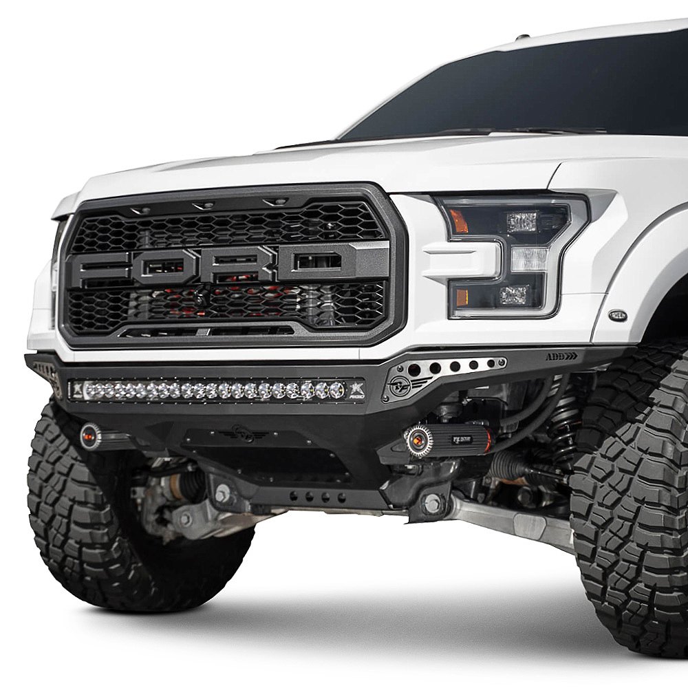 Picture of Addictive Desert ADDF114922770103 Raptor Rock Fighter Front Bumper with 10 Dually&#44; Universal Mounts in Center & Hammer&#44; Black - 40 in.