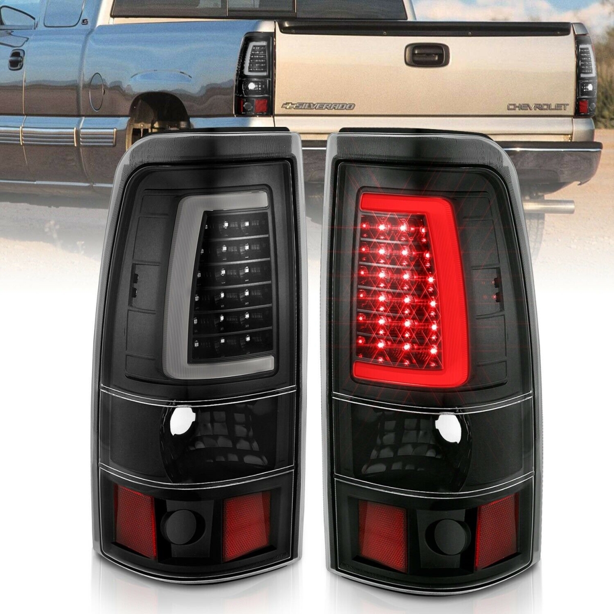 ANZ311330 Plank Style LED Taillights Black with Clear for 1999-2002 Silverado, Sierra 1500 2500 3500